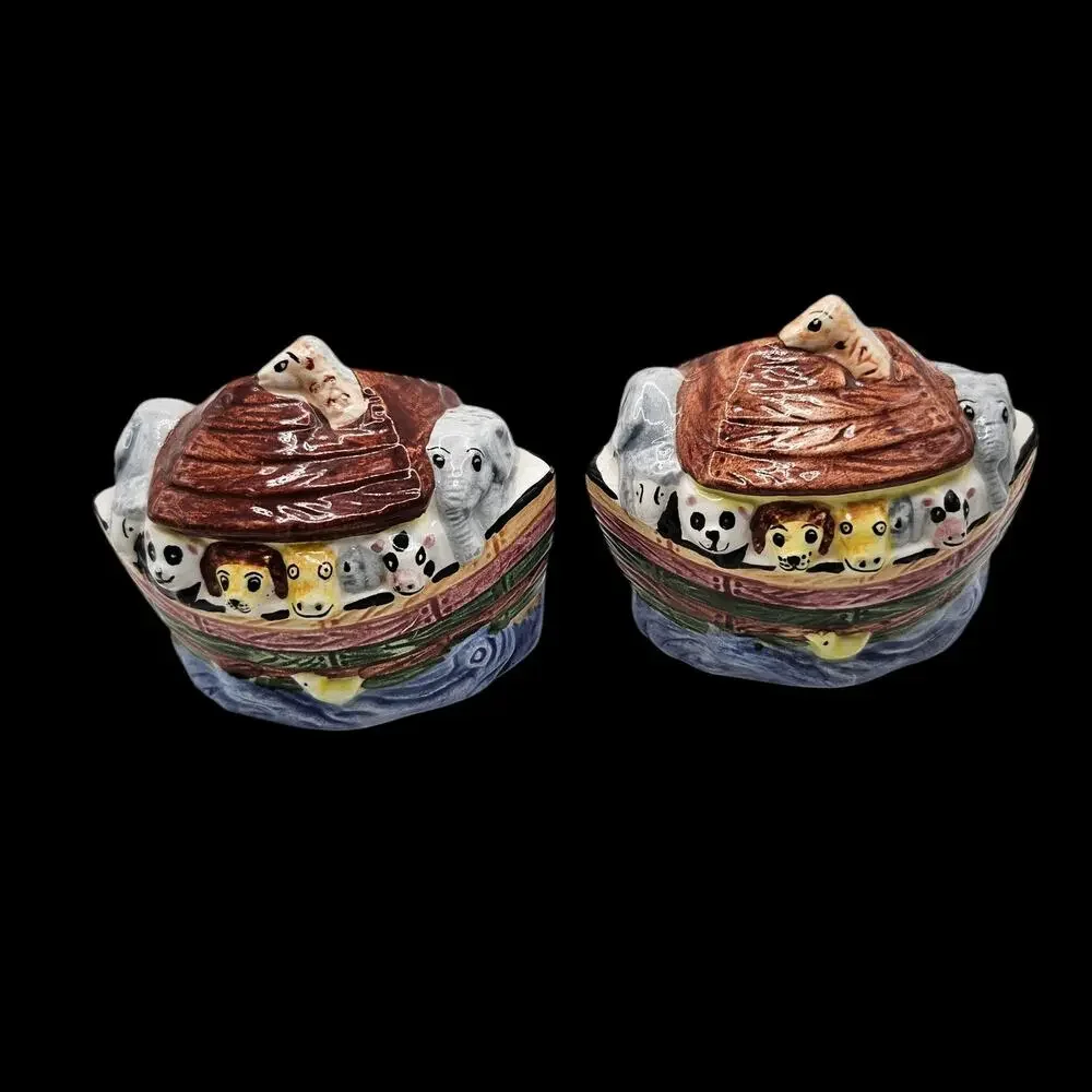 Vintage Noah's Ark Ceramic Salt & Pepper Shakers Animal Ark Pair